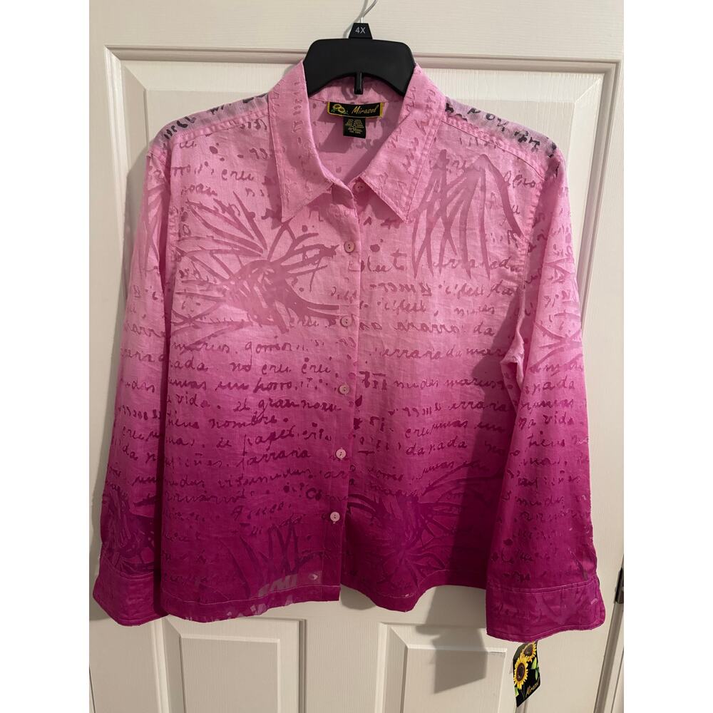 Marisol New Sheer Pink Ombre Button Up Linen Blouse XL